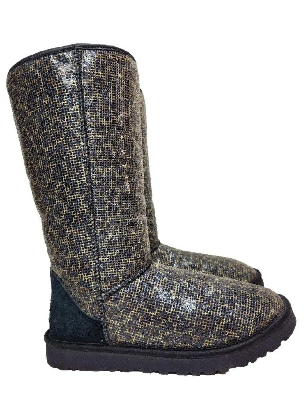 UGG Leopard Glitter Classic Tall Sz 7 Genuine Sheepskin Boots Black/Gold 1006819
